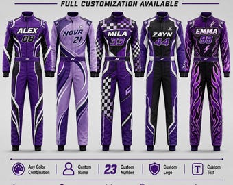 Custom Racing Suit, Personalized Karting Jumpsuit, Custom Name Number Logo, Team Motorsport Uniform, Purple Racewear