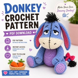 May include: A crochet donkey toy with blue and purple yarn, long ears, and a black yarn tuft on its head. Beside it is a small tan basket containing two orange crocheted carrots. Text reads: DONKEY CROCHET PATTERN, PDF DOWNLOAD, Make Your Own Dreamy Donkey!