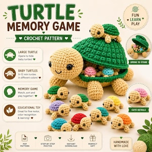 Puede incluir: Un patrón de ganchillo para un juego de memoria de tortugas que incluye una tortuga grande verde y beige con un caparazón que se abre para guardar varias tortugas pequeñas y coloridas. El patrón incluye instrucciones para crear varias mini tortugas.