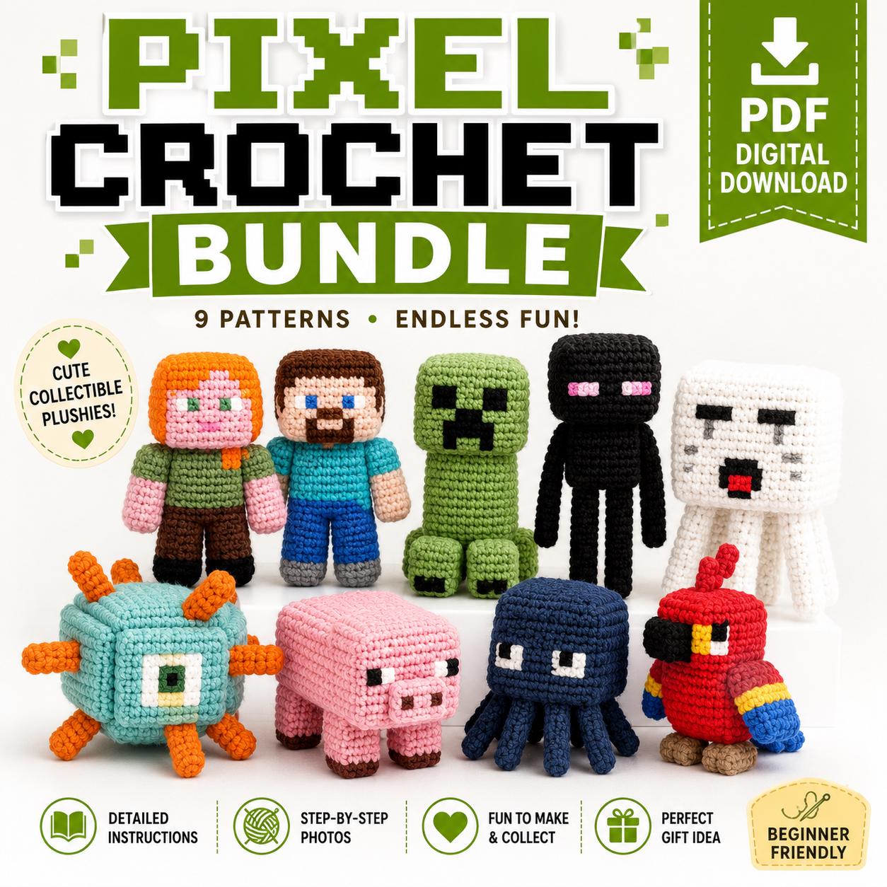 30 Pixel Crochet Patterns for Bold Colorwork, Blankets, Bags, and Amigurumi 5 Pixel Inspired Crochet Pattern Bundle