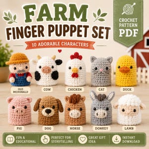Puede incluir: Un patrón de ganchillo en PDF para un set de marionetas de dedo de granja con 10 personajes: Old McDonald, vaca, pollo, gato, pato, cerdo, perro, caballo, burro y cordero. El texto dice FARM FINGER PUPPET SET, 10 ADORABLE CHARACTERS y CROCHET PATTERN PDF.