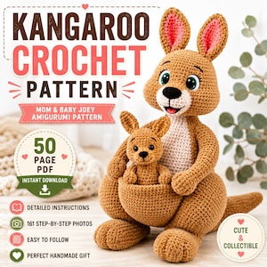 Kängurumamma & Baby Joey Virkmönster PDF, Amigurumi-leksakshandledning