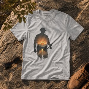 Fishing Sunset T-Shirt, Fisherman Silhouette, Outdoor Nature Tee, Lake Reflection Graphic