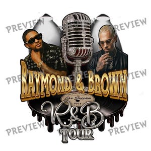 May include: A graphic design featuring two men, a bedazzled microphone, and the text "RAYMOND & BROWN" in gold. Below, a vinyl record with "R&B TOUR" is displayed. The design includes the text "Live Session SIDE A 2023".