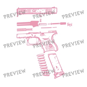 May include: Pink exploded diagram of a handgun, showing the various components separated. The image includes the frame, slide, barrel, magazine, and internal parts, all in a detailed, illustrative style. The word "PREVIEW" is watermarked across the image.