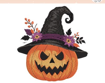 ジャック・オー・ランタンと魔女の帽子の刺繍デザイン、不気味な花柄のカボチャの刺繍ファイル、ハロウィンの顔のファイル、即時ダウンロード