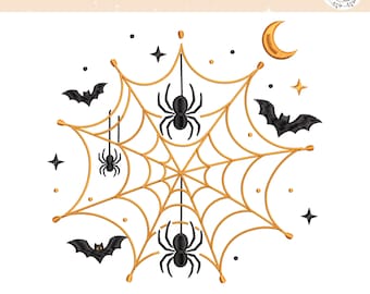 ハロウィンのクモの巣刺繍デザイン、不気味なクモのミシン刺繍ファイル、ハロウィンシーズン、コウモリと月のミシンパターン、デジタルダウンロード