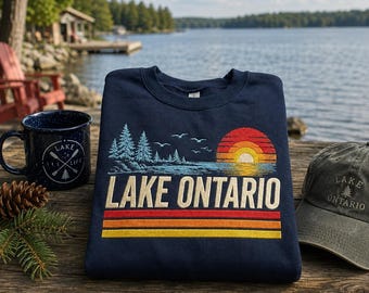 オンタリオ湖の夕日刺繍入りシャツ、五大湖アメリカTシャツ、カナダ好きへのギフト