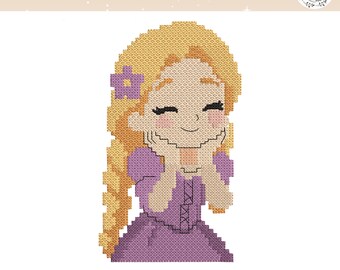 ピクセルロングヘアプリンセス刺繍デザイン、花の髪のエレガントなプリンセス、魔法の塔のプリンセスミシン刺繍、デジタルダウンロード