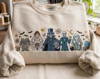 ホーンテッドマンション刺繍スウェットシャツ、ディズニーハロウィンシャツ、ハットボックスゴーストクルーネック、不気味なゴシックゴーストシャツ、お化け屋敷ギフト