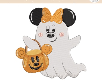 ミニーゴースト刺繍デザイン、かぼちゃかごを持った不気味なネズミの刺繍ファイル、ハロウィンゴースト、コケットボウブー、即時ダウンロード