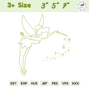 May include: A lime green line drawing of a fairy with outstretched arms and a wand, surrounded by stars. Text at the top reads "3+ Size 3" 5" 7"" and at the bottom are the abbreviations "DST EXP HUS JEF PES VP3 XXX".