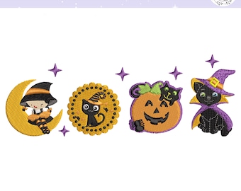 ビンテージ風ハロウィン刺繍機、カボチャと猫と月の刺繍デザイン、かわいい不気味な秋のパターン、即時ダウンロード