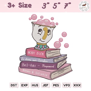May include: An embroidered design featuring a cartoon teacup with a smiling face, perched atop a stack of books. The books are titled "Moby Dick", "La dame aux Camélias", "Bel-Ami", and "Romeo & Juliette". Pink bubbles float around the teacup.