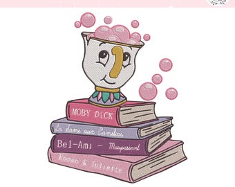 Diseño de bordado de Chip de La Bella y la Bestia, archivo de bordado de la taza de té de Chip de Disney, Reino Mágico, Personajes de Disney, Descarga instantánea