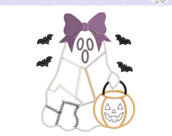 コケットゴースト刺繍デザイン、ハロウィンゴースト魔女カボチャミシンファイル、コウモリとカボチャのリボンパターン、即時ダウンロード
