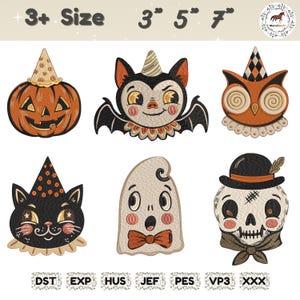 May include: Six machine embroidery designs featuring a pumpkin, bat, owl, cat, ghost, and skull, each wearing a party hat or accessory. The text 3+ Size 3" 5" 7" and file formats DST, EXP, HUS, JEF, PES, VP3, XXX are visible at the top and bottom.