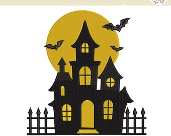 お化け屋敷の刺繍デザイン、ゴシック調のハロウィンマンション、コウモリのいる不気味な城の機械刺繍、不気味な装飾、デジタルダウンロード