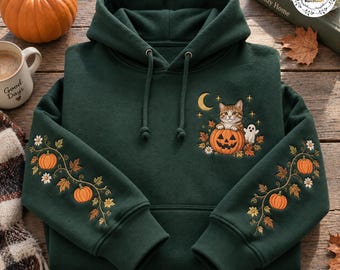 かぼちゃのハロウィン猫刺繍入りパーカー、かぼちゃの幽霊猫刺繍入りスウェットシャツ、不気味な猫のクルーネック、ハロウィンシーズンのギフト