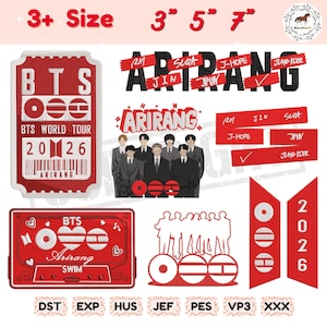 May include: A collection of red and white BTS-themed patches and designs. Includes a ticket-shaped patch with "BTS WORLD TOUR 2026" and "ARIRANG" text, along with cassette tape and banner designs. Also features the names of the band members.