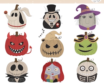 ヴィンテージハロウィンフェイス刺繍デザインバンドル、不気味なキャラクターパンプキンミシン刺繍、ハロウィンパンプキン、デジタルダウンロード