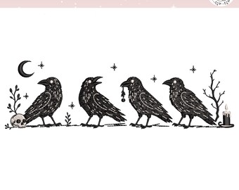 ゴシック風カラスの刺繍デザイン、カラスの頭蓋骨の機械刺繍、魔女風の月の鳥のデザインファイル、ダークアカデミア風の黒い鳥、デジタルダウンロード