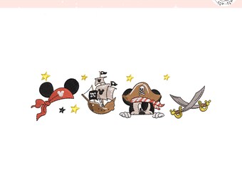 Diseño de bordado de Mickey Mouse pirata de Disney, archivo de bordado de barco pirata y sombrero, Mickey pirata de Disney, descarga digital