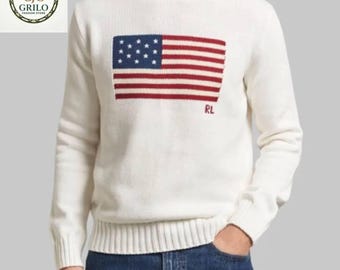 Sweter Polo Ralph Lauren Bear Style z flagą || Damski, ręcznie robiony na drutach bawełniany sweter z amerykańską flagą