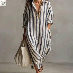 Gestreiftes Leinen Maxikleid für Frauen | Boho Loose Fit Shirt Kleid