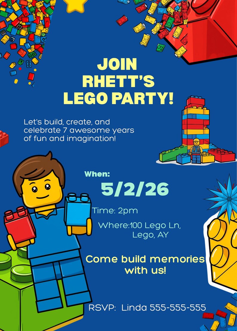 Lego Name Rhett Lego Birthday Editable Invitation - Etsy