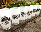 Highball Glasses, 8 oz., Vintage Cars, Frosted, Set of 6, 1950's