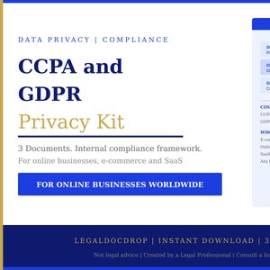 May include: A digital graphic for a CCPA and GDPR Privacy Kit. The kit includes three documents: a Privacy Compliance Plan, a Data Audit Worksheet, and a Consumer Rights Request Log. The kit is for online businesses, e-commerce, and SaaS.