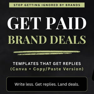 May include: A digital product advertisement with the text "GET PAID BRAND DEALS" in large white letters. The image includes a tablet displaying a cold pitch email template. The text also includes "Templates that get replies" and "Write less. Get replies. Land deals."