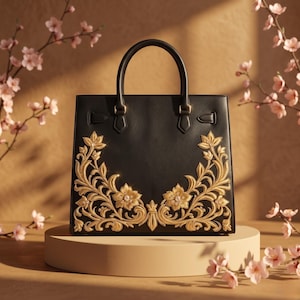 Könnte beinhalten: Eine schwarze, strukturierte Handtasche mit zwei Tragegriffen und goldfarbenen Beschlägen. Die Vorderseite der Tasche ist mit aufwendigen goldenen Blumenstickereien und Verzierungen versehen, die sich über den unteren Bereich erstrecken.