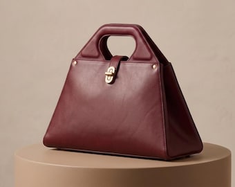 Gestructureerde leren trapeziumvormige handtas | Tas met handvat aan de bovenkant | Geometrische draagtas | Luxe leren portemonnee | Cadeau voor haar | Designertas