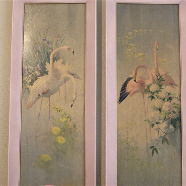 1950s-60s Set of 2 Vernon Ward Prints. Pair of Framed Pink and White Flamingos in Water Setting. Kitschy Boudoir Fabulous. FREE SHIPPING.