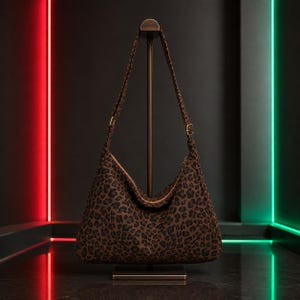 May include: A hobo-style shoulder bag featuring a brown and black leopard print pattern. The bag has a single adjustable strap with metal hardware and a top zipper closure, suspended on a vertical metal display stand for clear visibility.