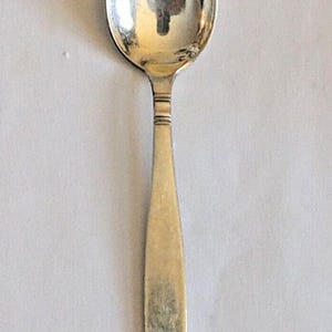 May include: A silver spoon with an oval bowl and a decorative handle. The handle features a series of horizontal lines near the bowl and an ornate, floral-like design at the base. The spoon is likely made of sterling silver.