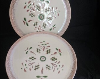 2 Brock California Lunch Dinner Plates Mid Century Modern 8.75" Rare Vintage Pottery Ironstone Pink Green 50's 60's