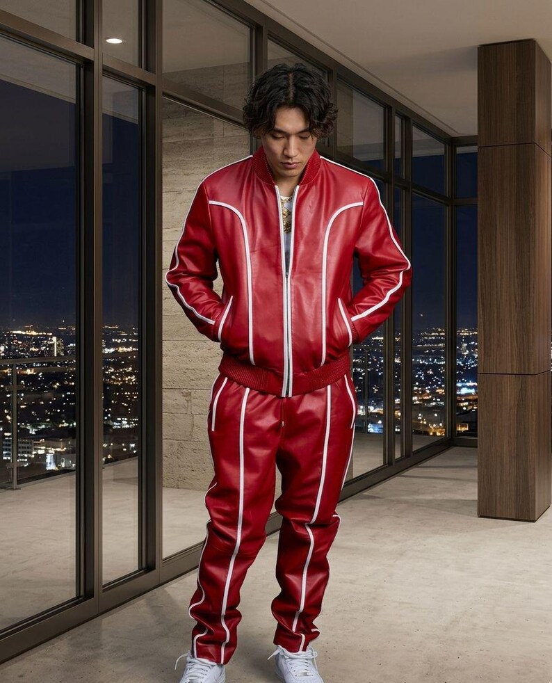 Puede incluir: Un ch&aacute;ndal de cuero rojo con ribetes blancos. La chaqueta tiene cierre de cremallera y bolsillos. Los pantalones tienen cintura con cord&oacute;n y bolsillos. El conjunto se lleva con zapatillas blancas. El fondo muestra un horizonte urbano nocturno.