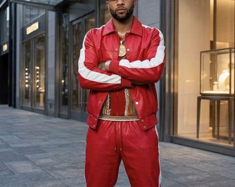 Men Brayden Leather Tracksuit: Jogging style Men's Geniune Leather Track Suit - Leather Sweatsuit Red/White