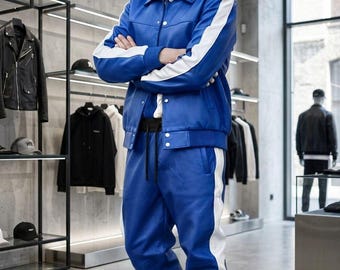 Men's Blue & White Genuine Leather Tracksuit - Full Set Bomber Jacket and Leather Sweatpants - Urban Luxe Streetwear