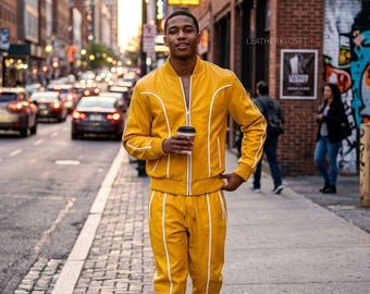 Yellow Leather Tracksuit - Jogging style Men Brayden Geniune Leather Track Suit - Leather Sweatsuit