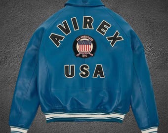 Men's Blue Sheepskin Leather USA Pilot Bomber Jacket – Avirex Style
