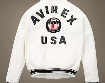 Men’s White USA Pilot Flying Jacket – Genuine Sheepskin Leather Avirex Style Bomber Jacket - Gift For Him