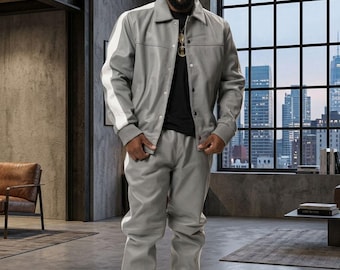Men Brayden Gray Leather Tracksuit: Jogging style Men's Geniune Leather Track Suit - Leather Sweatsuit - Gift