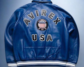Men’s Blue USA Pilot Flying Jacket – Genuine Sheepskin Leather Avirex Style Bomber Jacket - Gift For Him