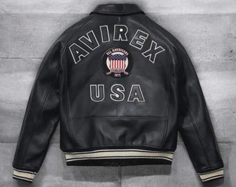 Men’s Black USA Pilot Flying Jacket – Genuine Sheepskin Leather Avirex Style Bomber Jacket - Gift For Him
