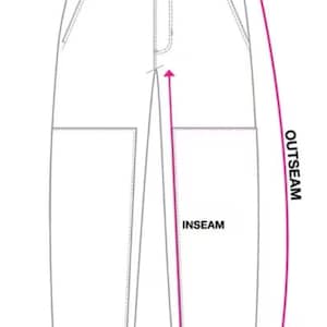 May include: Diagram of pants with labeled measurements: waist, outseam, inseam, and leg opening. Pink arrows indicate the measurement points. The pants have a button and zipper closure, belt loops, and pockets.