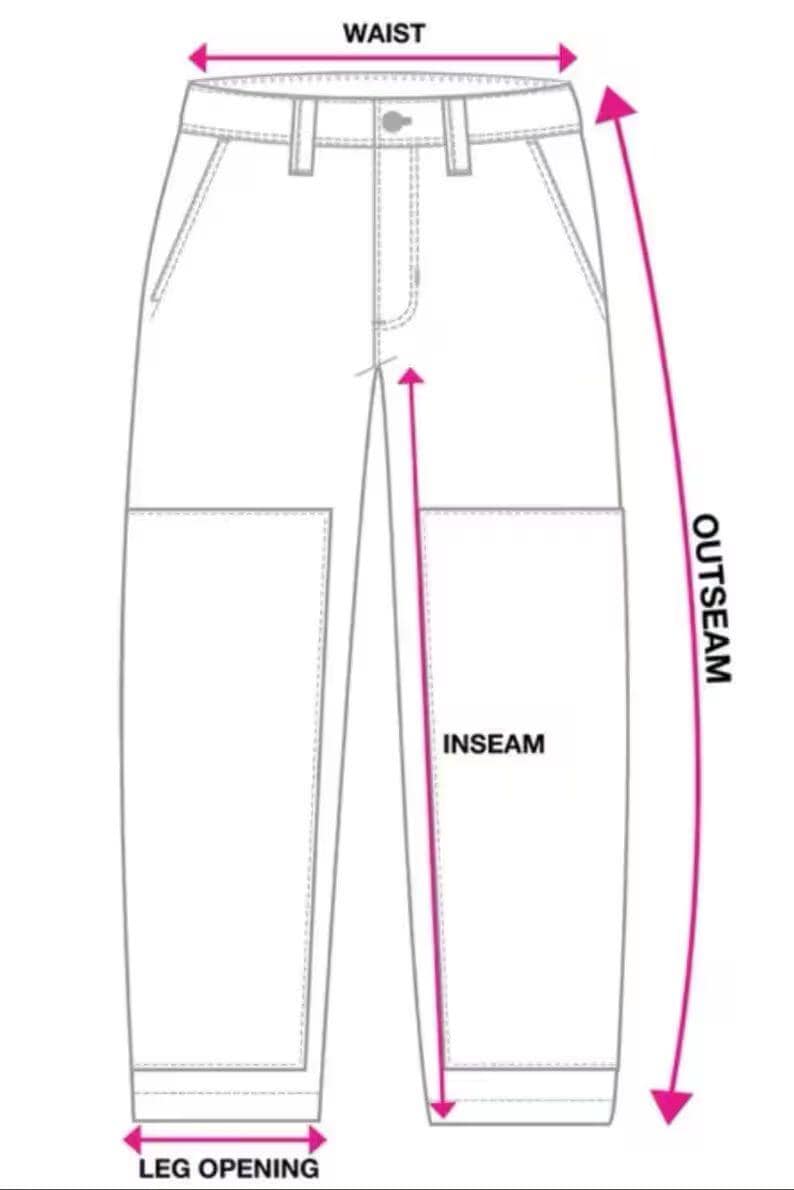 May include: Diagram of pants with labeled measurements: waist, outseam, inseam, and leg opening. Pink arrows indicate the measurement points. The pants have a button and zipper closure, belt loops, and pockets.